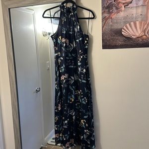 Banana republic midi formal dark blue floral dress satin with high neck tanktop